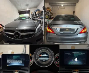 Снимка-колаж от процеса по активация на екстри и конверсия при Мерцедес CLS550 w218 facelift.